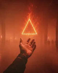 A hand reaching toward a glowing fire triangle in red fog