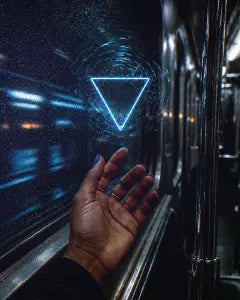 A hand reaching toward a glowing water triangle on a rain-streaked train window