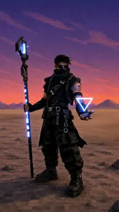 A masked figure in a pixel desert holding a glowing inverted triangle