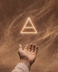 A hand reaching toward a glowing air triangle in sepia haze